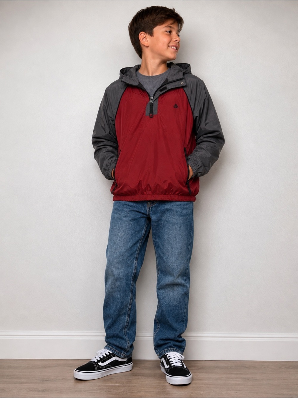 Old Navy Boys Hooded Windbreaker Jacket Red Gray Half Zip Size Small
